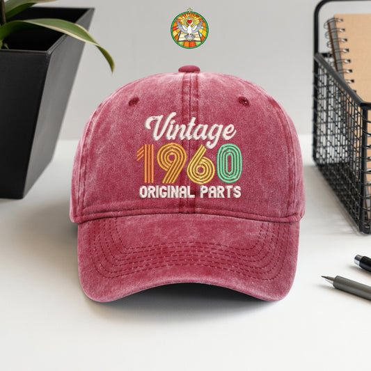 65th Birthday Gift Hat for Men, Vintage 1960 "Original Parts" Dad Cap, Personalized with Custom Year