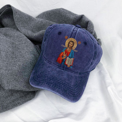 Orthodox Jesus Christ Cyrillic Icon Washed Cap - Russian Slavonic Traditional Sacred Art