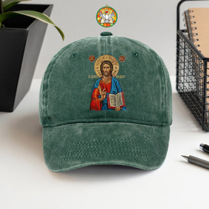 Orthodox Jesus Christ Cyrillic Icon Washed Cap - Russian Slavonic Traditional Sacred Art