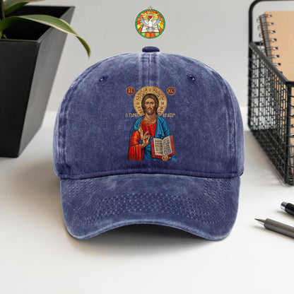 Orthodox Jesus Christ Cyrillic Icon Washed Cap - Russian Slavonic Traditional Sacred Art
