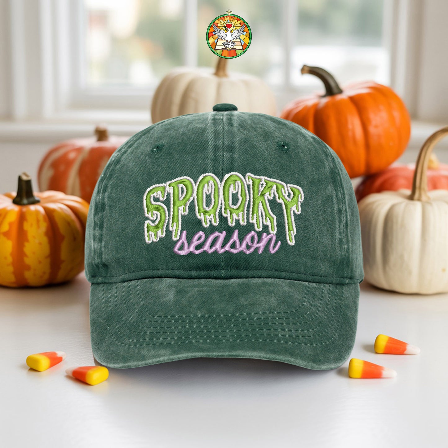 Spooky Season Washed Denim Baseball Cap Halloween Embroidered Distressed Dad Hat Fall Autumn