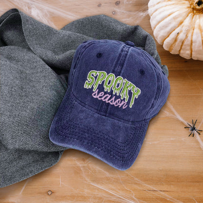 Spooky Season Washed Denim Baseball Cap Halloween Embroidered Distressed Dad Hat Fall Autumn