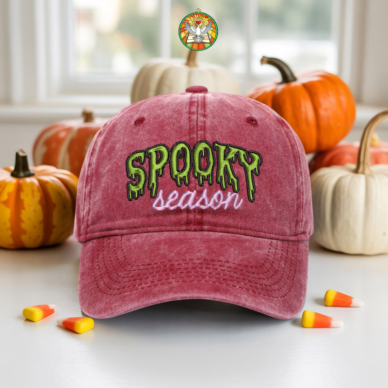 Spooky Season Washed Denim Baseball Cap Halloween Embroidered Distressed Dad Hat Fall Autumn