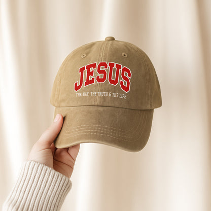 Jesus The Way, The Truth & The Life Washed Cap - Collegiate Style Christian Faith Declaration