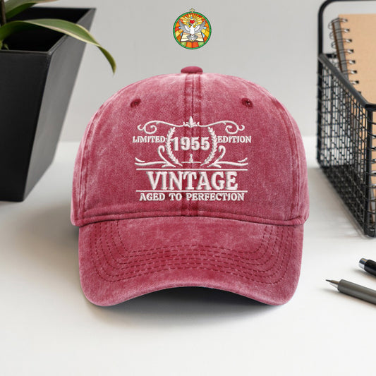 70th Birthday Gift Hat for Men & Women, Personalized Vintage 1955 "Aged to Perfection" Dad Cap with Custom Year
