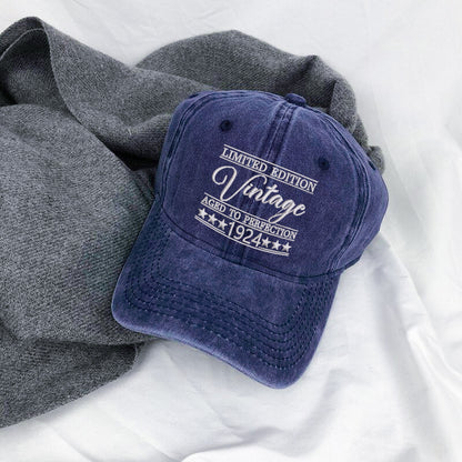 101st Birthday Gift Hat, Vintage 1924 "Aged to Perfection" Dad Cap, Personalized with Custom Year.