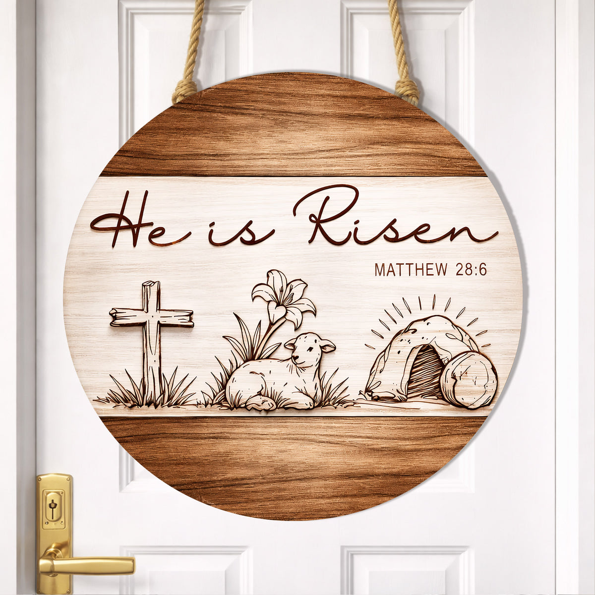 Christian Easter Resurrection Wood Sign "He Is Risen" Matthew 28:6 Cross & Lamb Design