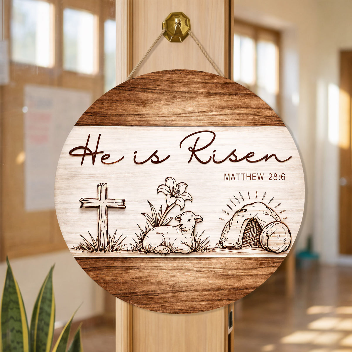 Christian Easter Resurrection Wood Sign "He Is Risen" Matthew 28:6 Cross & Lamb Design