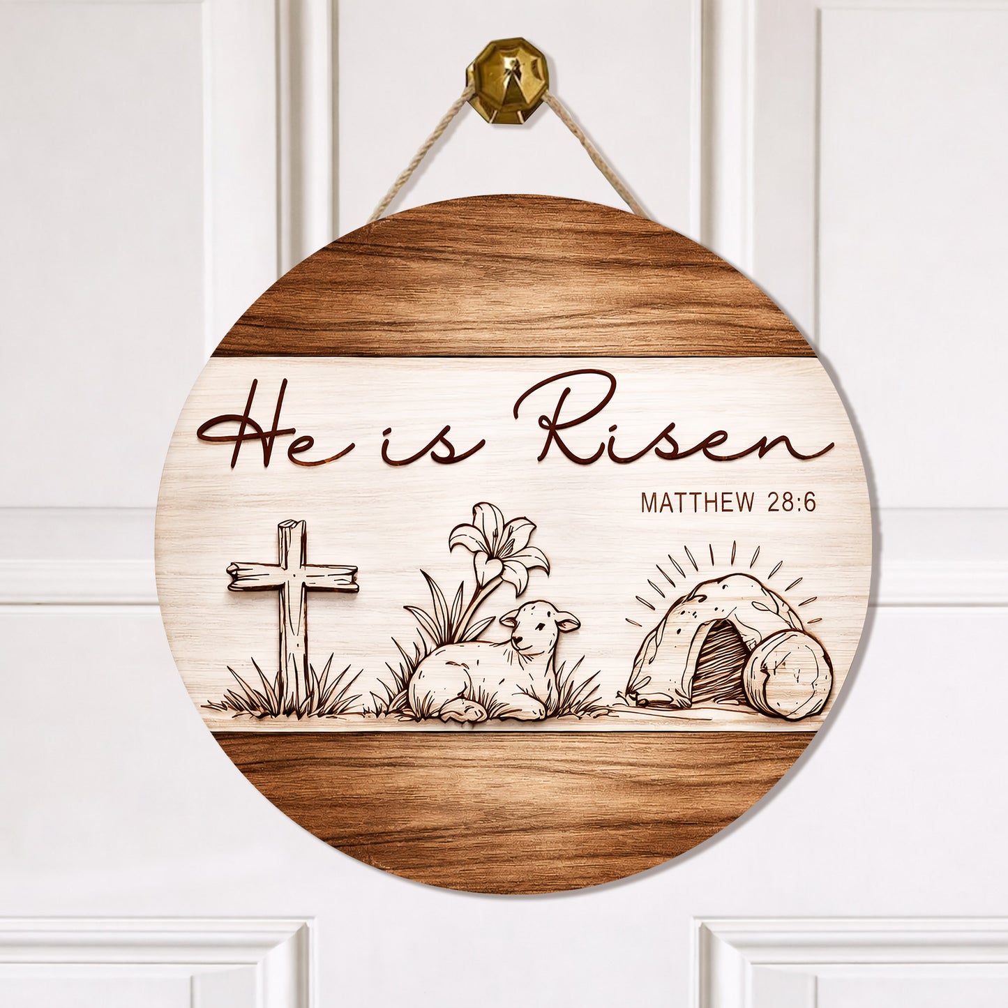Christian Easter Resurrection Wood Sign "He Is Risen" Matthew 28:6 Cross & Lamb Design