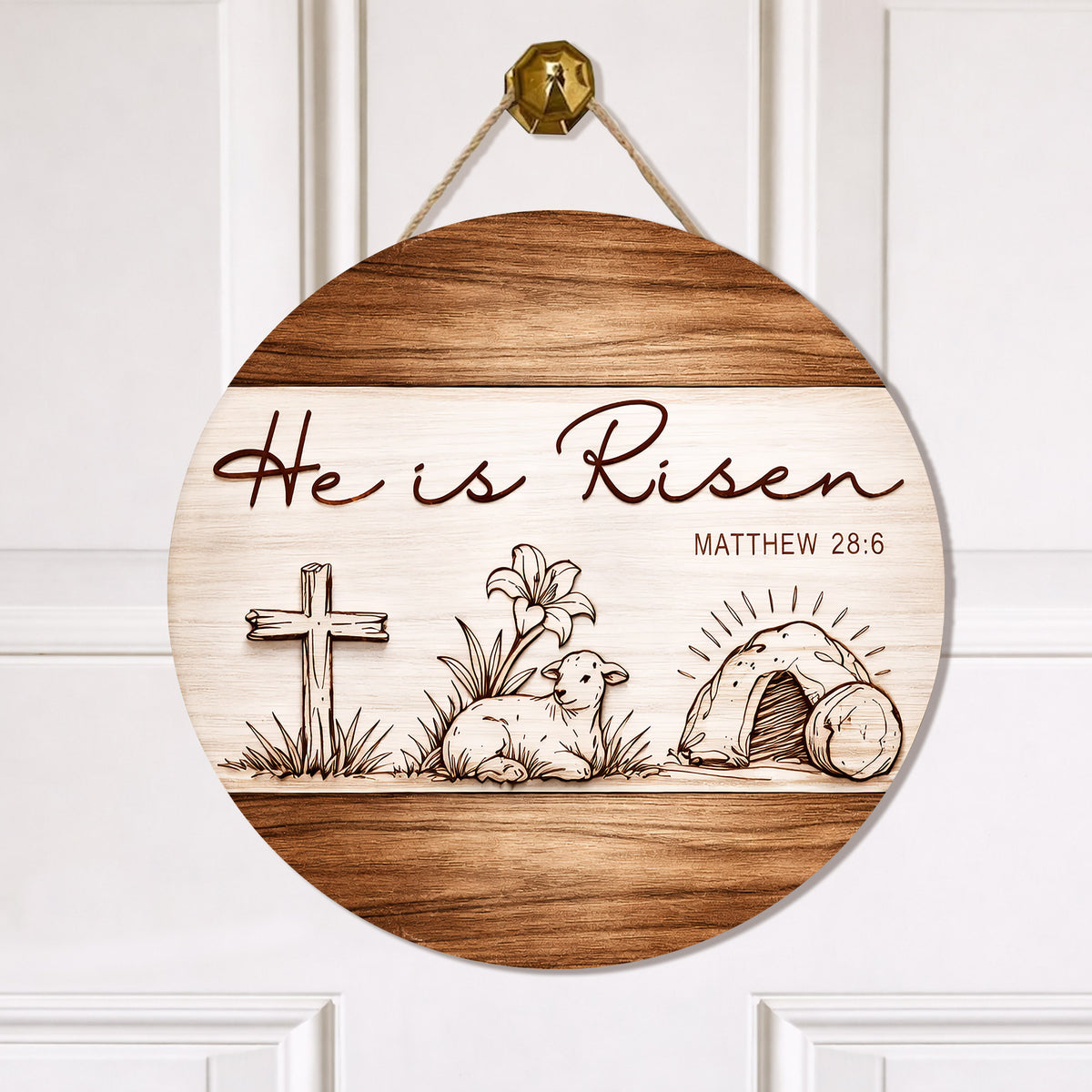 Christian Easter Resurrection Wood Sign "He Is Risen" Matthew 28:6 Cross & Lamb Design