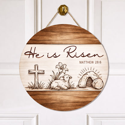Christian Easter Resurrection Wood Sign "He Is Risen" Matthew 28:6 Cross & Lamb Design