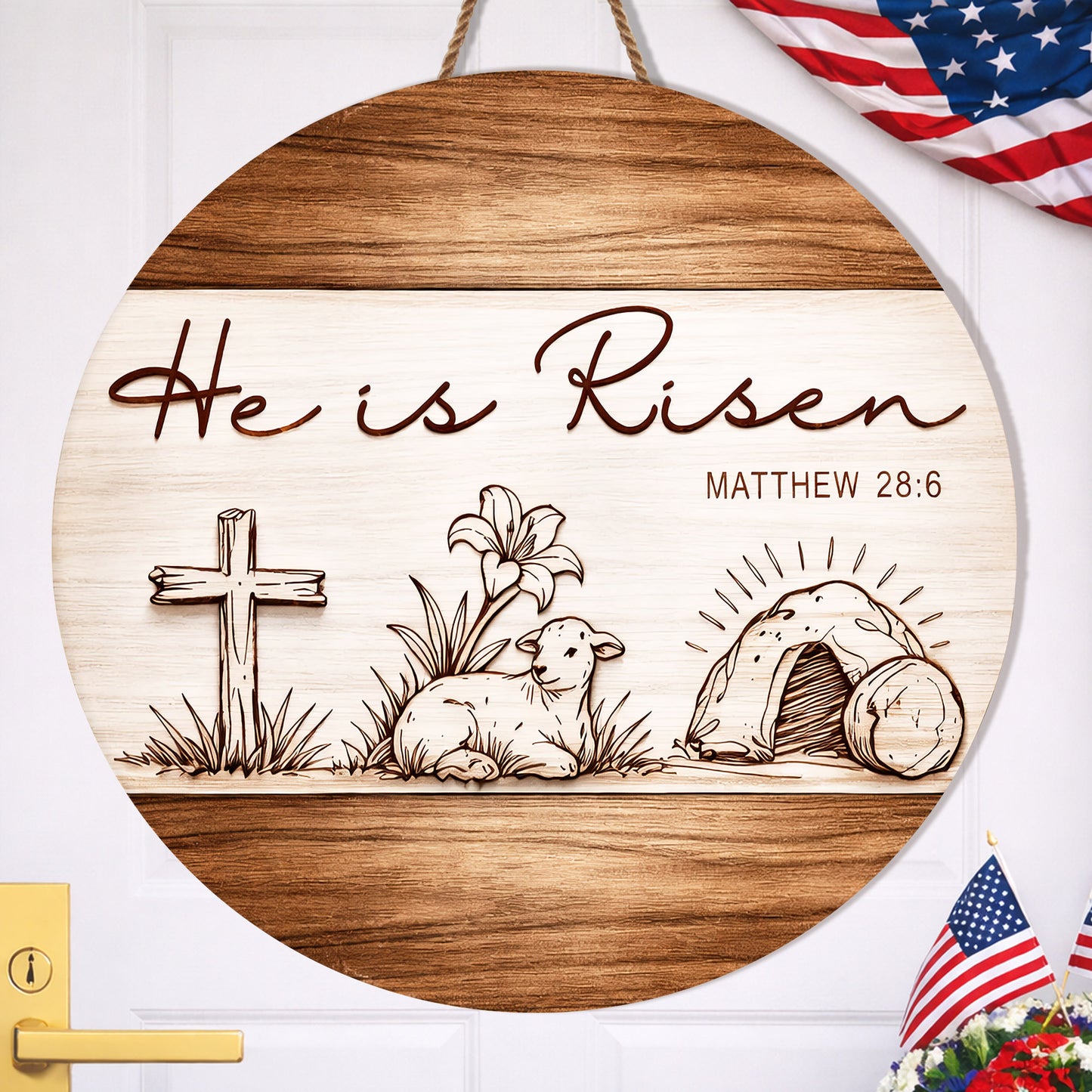 Christian Easter Resurrection Wood Sign "He Is Risen" Matthew 28:6 Cross & Lamb Design
