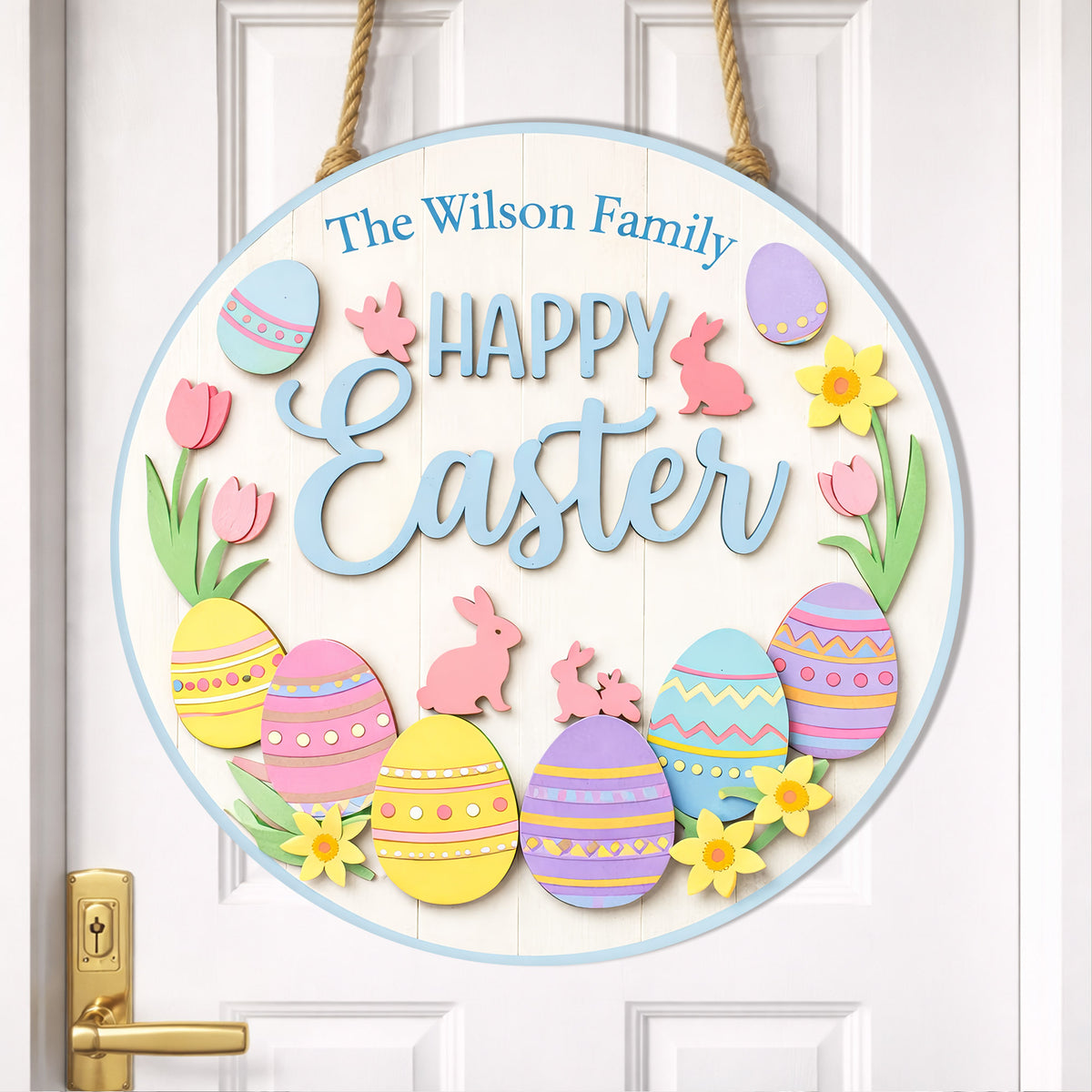 Personalized Happy Easter Door Sign Colorful Egg And Bunny Family