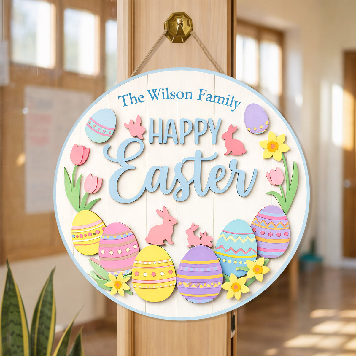 Personalized Happy Easter Door Sign Colorful Egg And Bunny Family