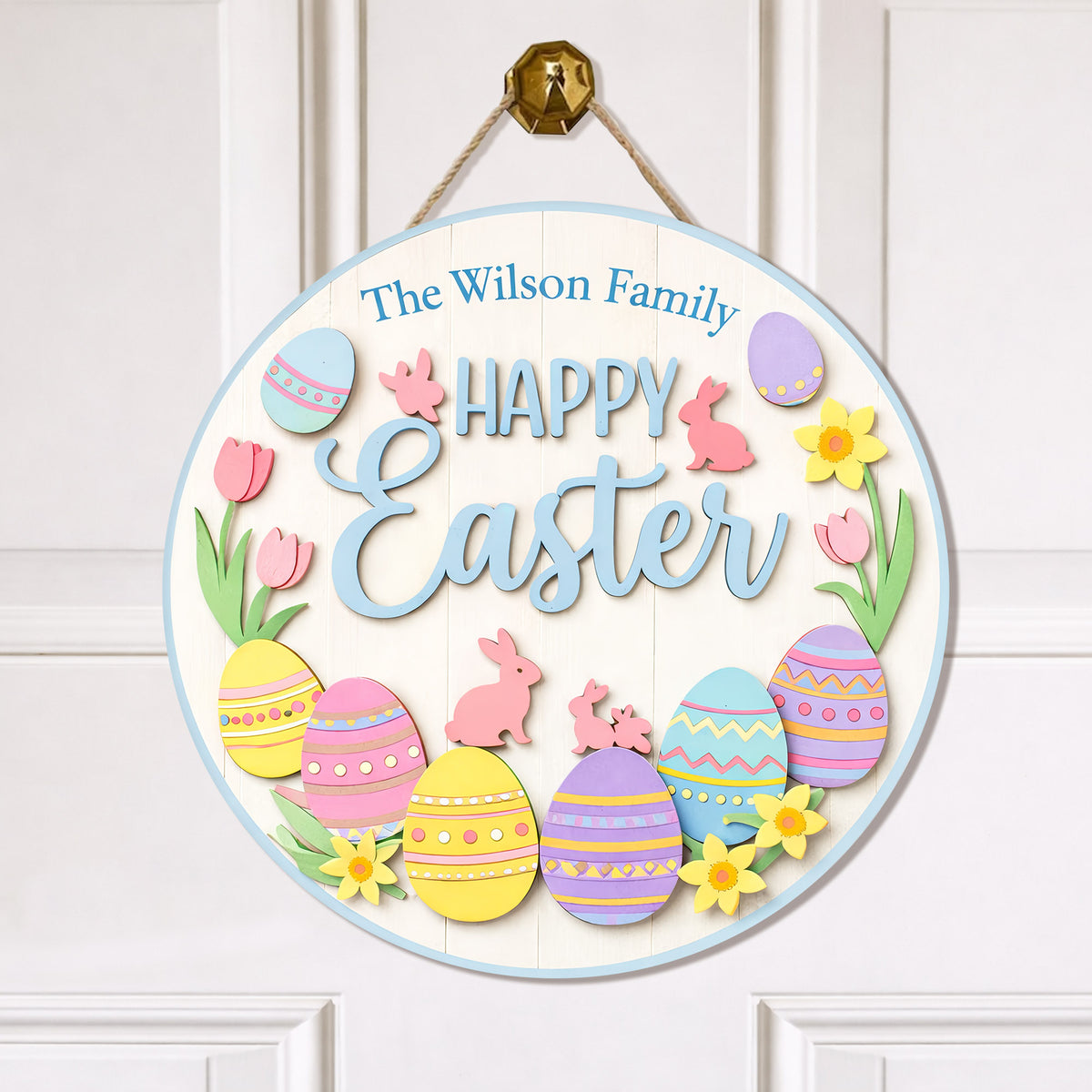 Personalized Happy Easter Door Sign Colorful Egg And Bunny Family