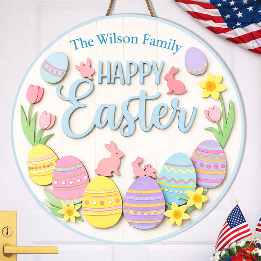 Personalized Happy Easter Door Sign Colorful Egg And Bunny Family