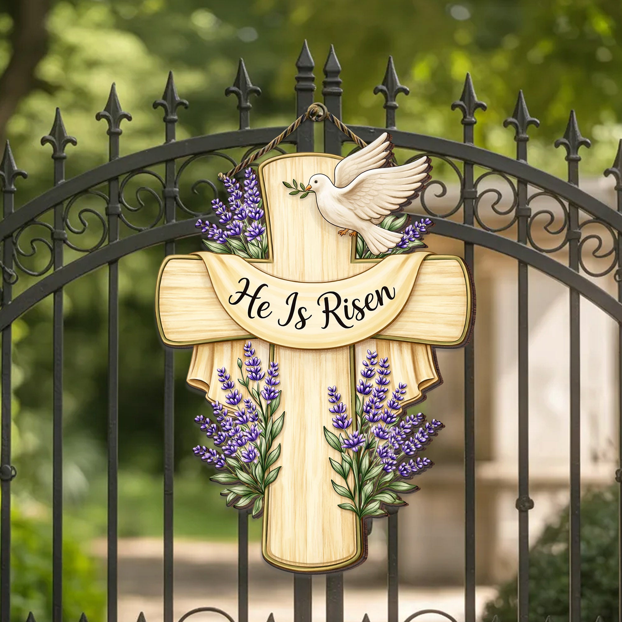 Lavender Bloom He Is Risen Cross Hanging Sign for Easter Door and Wall Decor