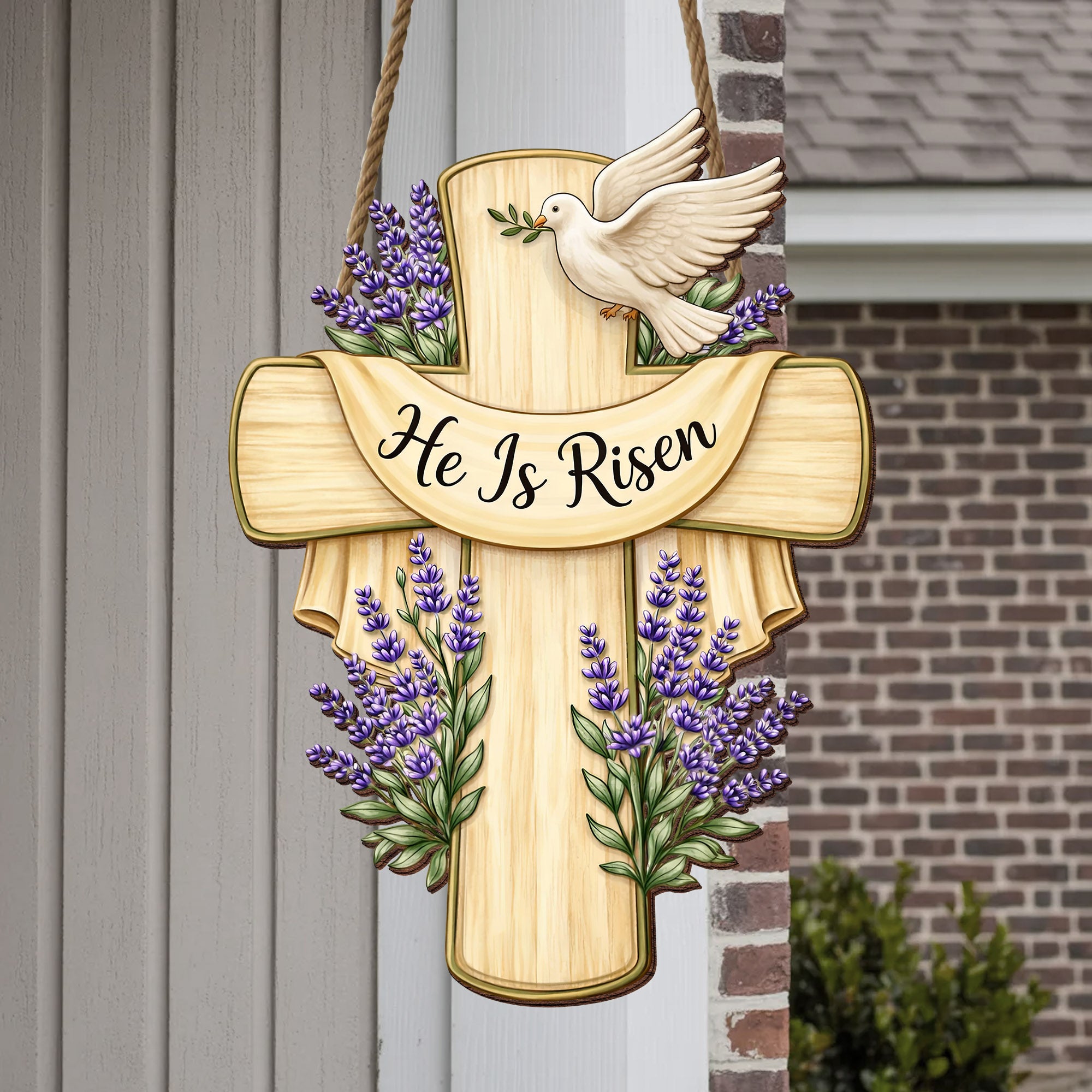 Lavender Bloom He Is Risen Cross Hanging Sign for Easter Door and Wall Decor