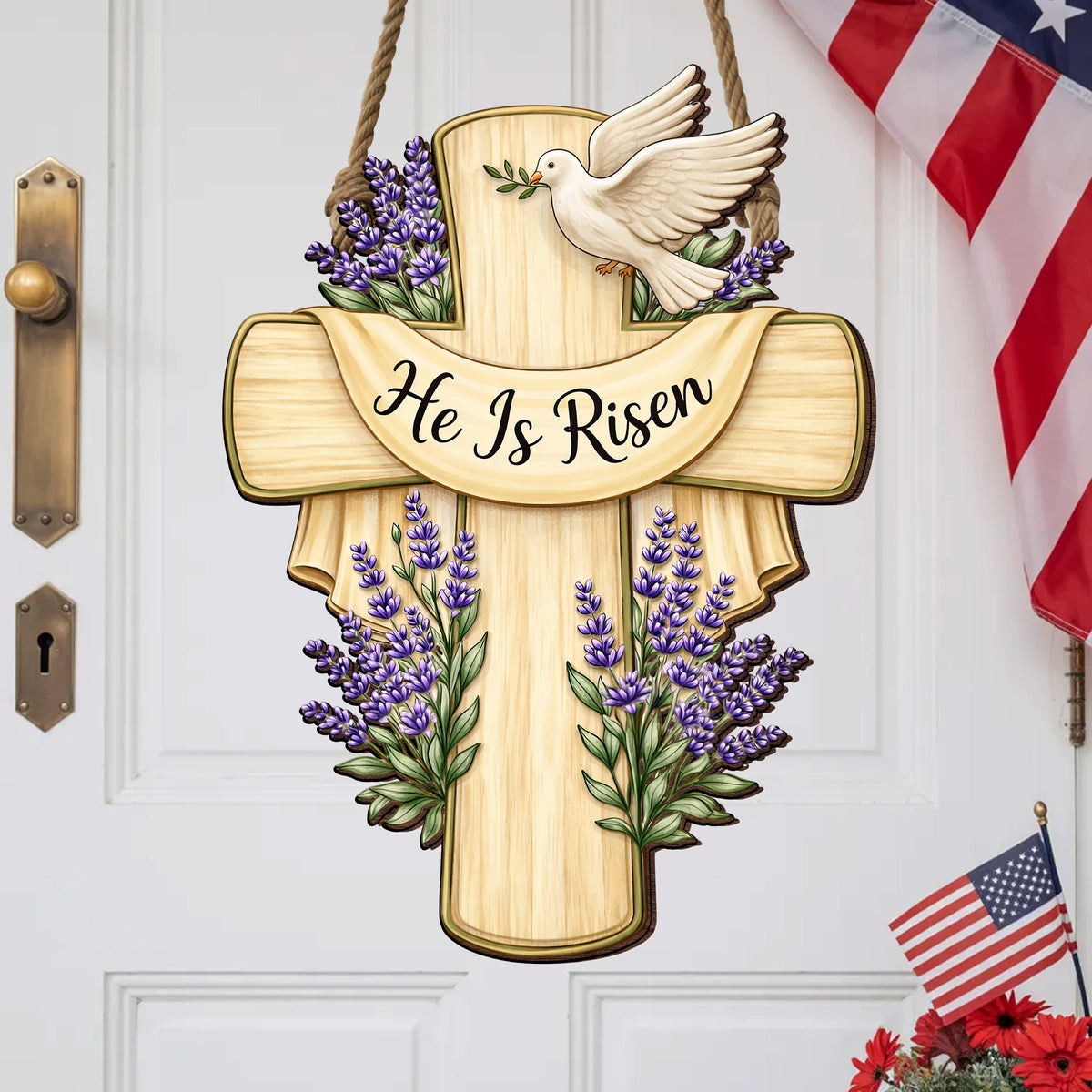 Lavender Bloom He Is Risen Cross Hanging Sign for Easter Door and Wall Decor