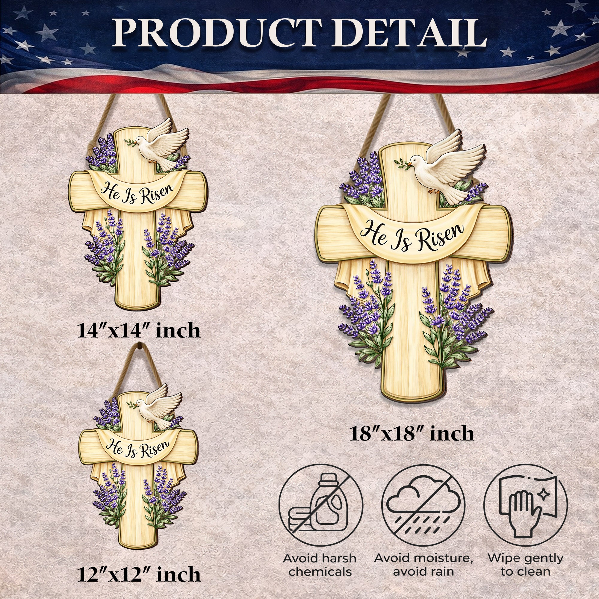 Lavender Bloom He Is Risen Cross Hanging Sign for Easter Door and Wall Decor