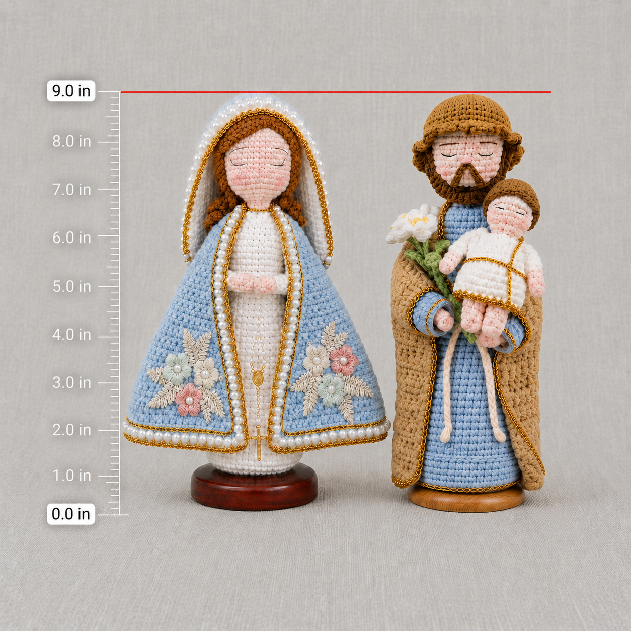Handmade Crochet Holy Family Statues – Our Lady Mary & St. Joseph with Baby Jesus (Wooden Base Included)