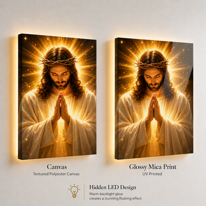 LED Jesus Prayer Canvas/Mica – Crown of Thorns Christian Wall Art with Hidden Backlight
