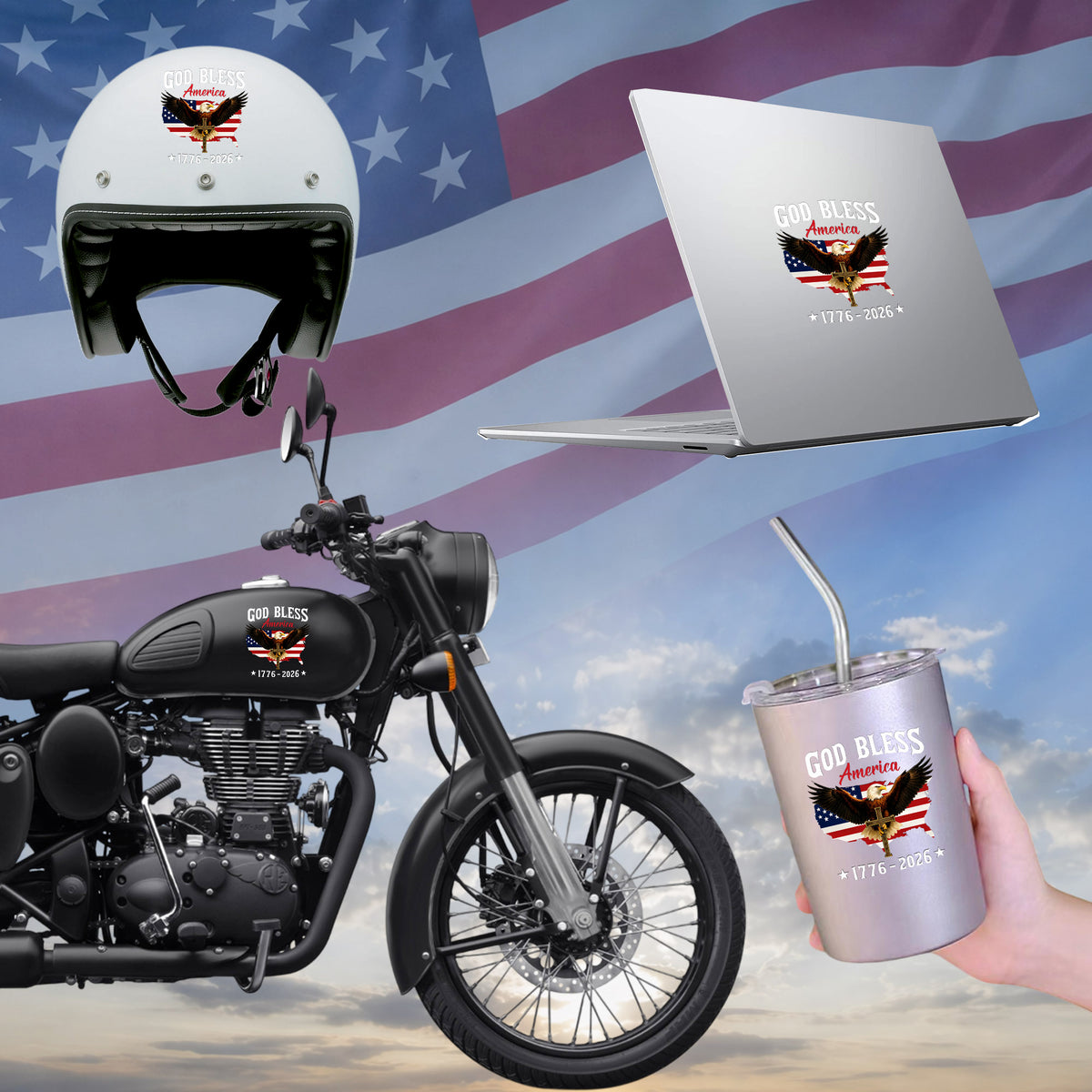 God Bless America Eagle Cross 1776–2026 – Waterproof Christian Sticker for Car, Laptop, Water Bottle & More