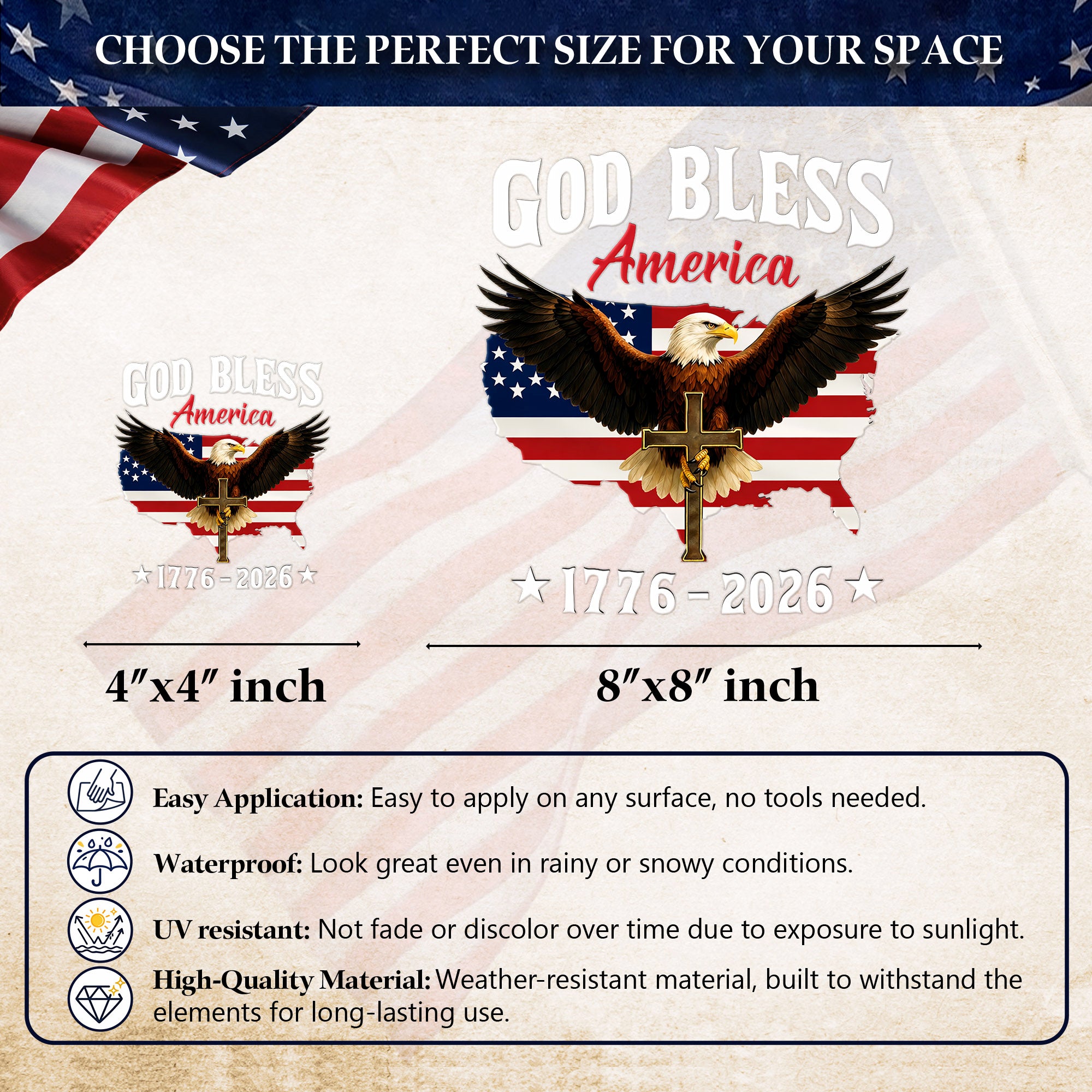 God Bless America Eagle Cross 1776–2026 – Waterproof Christian Sticker for Car, Laptop, Water Bottle & More