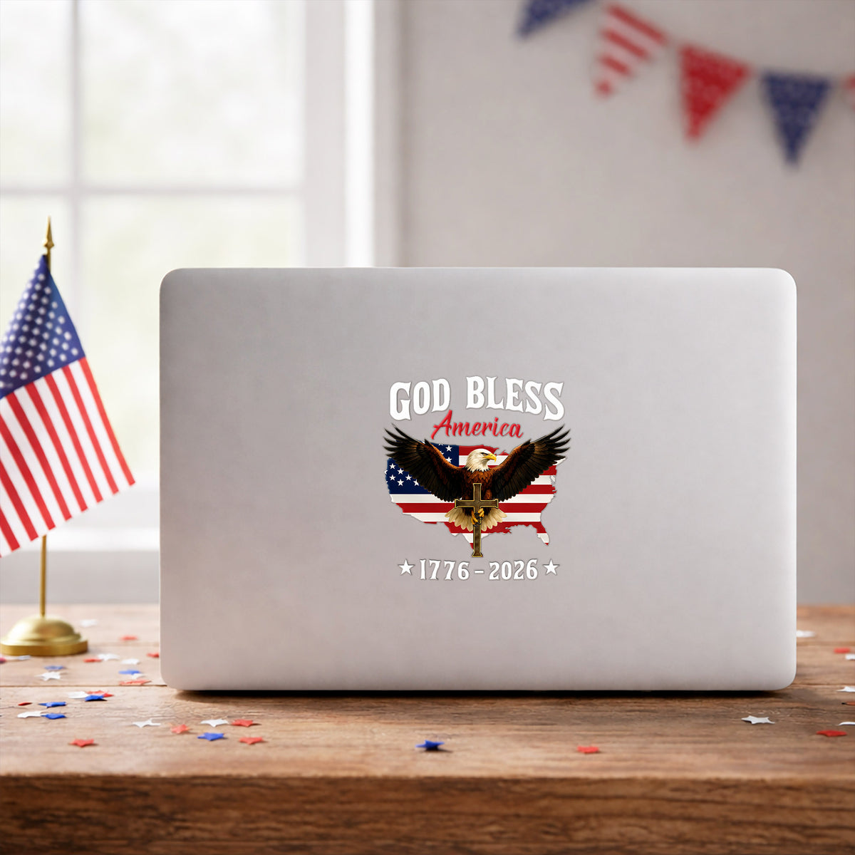 God Bless America Eagle Cross 1776–2026 – Waterproof Christian Sticker for Car, Laptop, Water Bottle & More