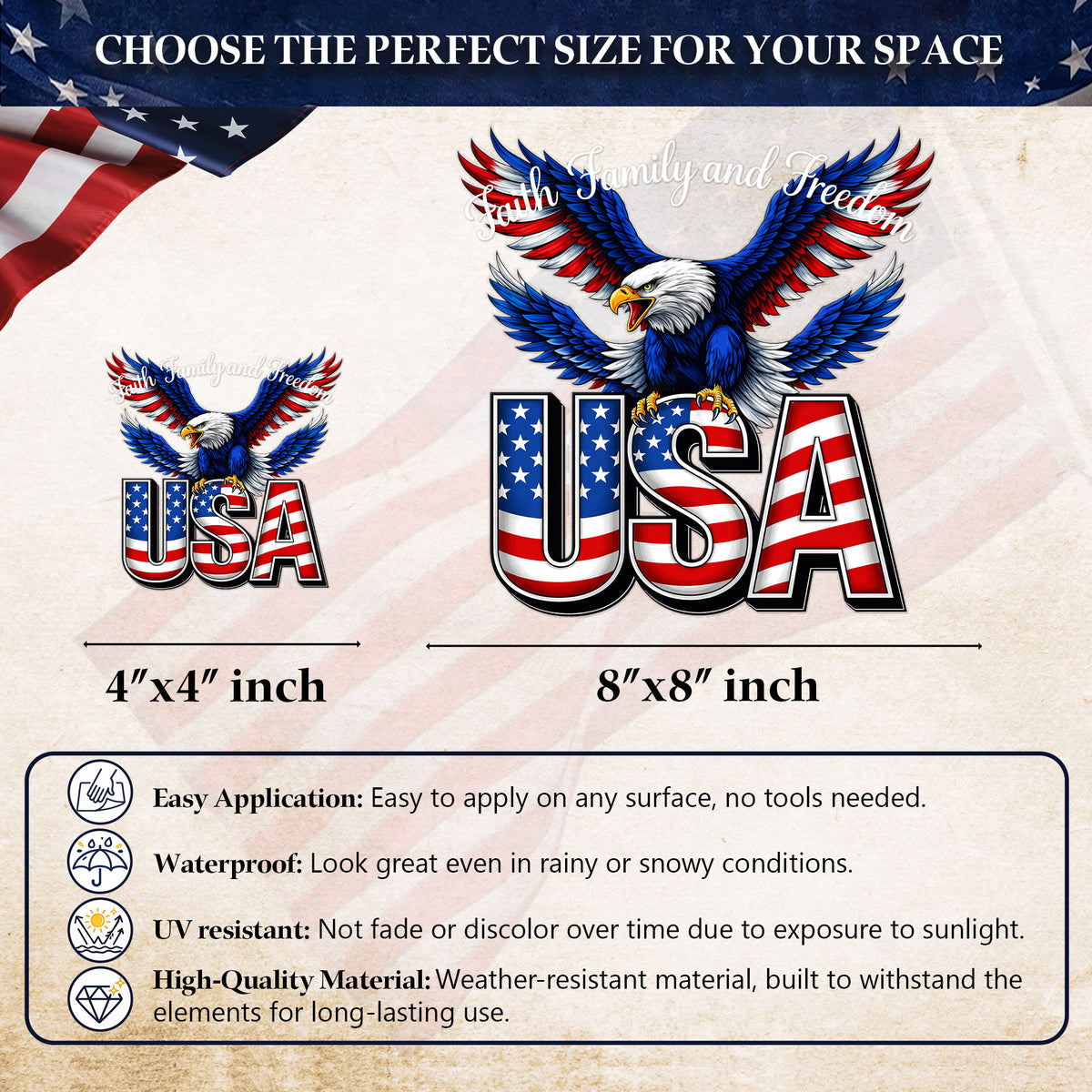 [NEW] Faith, Family, and Freedom USA Eagle Decal for Car, Truck, Bottle, Laptop & More
