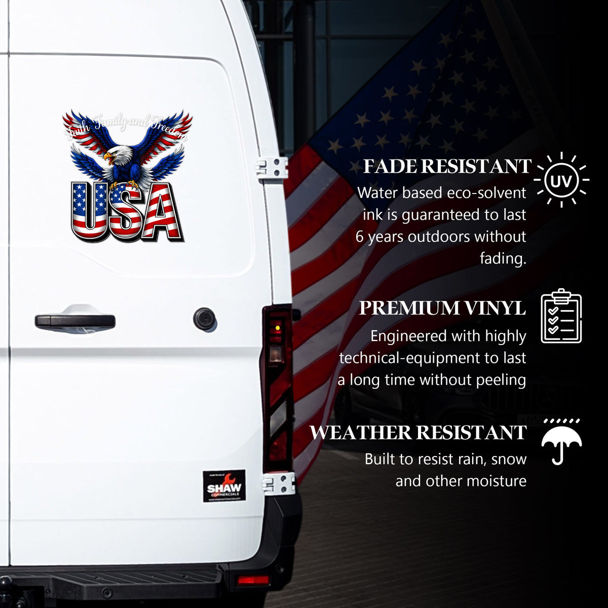 [NEW] Faith, Family, and Freedom USA Eagle Decal for Car, Truck, Bottle, Laptop & More