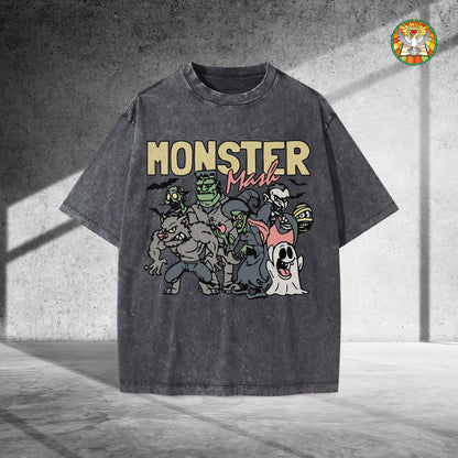Monster Mash Vintage Washed 100% Cotton Halloween T-Shirt Classic Horror Characters Retro Tee