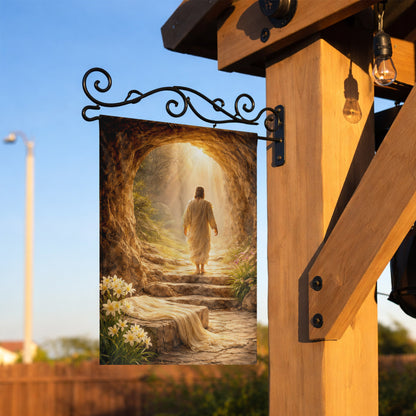 He Is Risen – Empty Tomb in Golden Light Christian Garden Flag