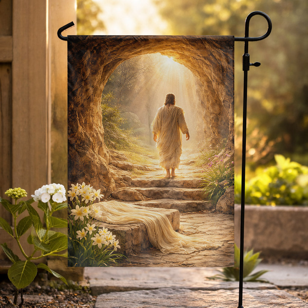 He Is Risen – Empty Tomb in Golden Light Christian Garden Flag