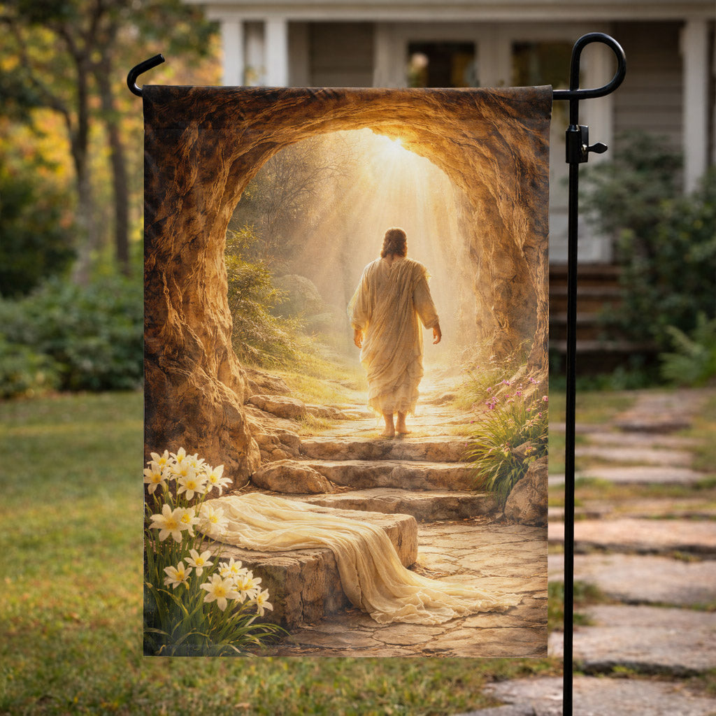 He Is Risen – Empty Tomb in Golden Light Christian Garden Flag