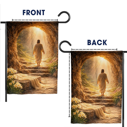 He Is Risen – Empty Tomb in Golden Light Christian Garden Flag