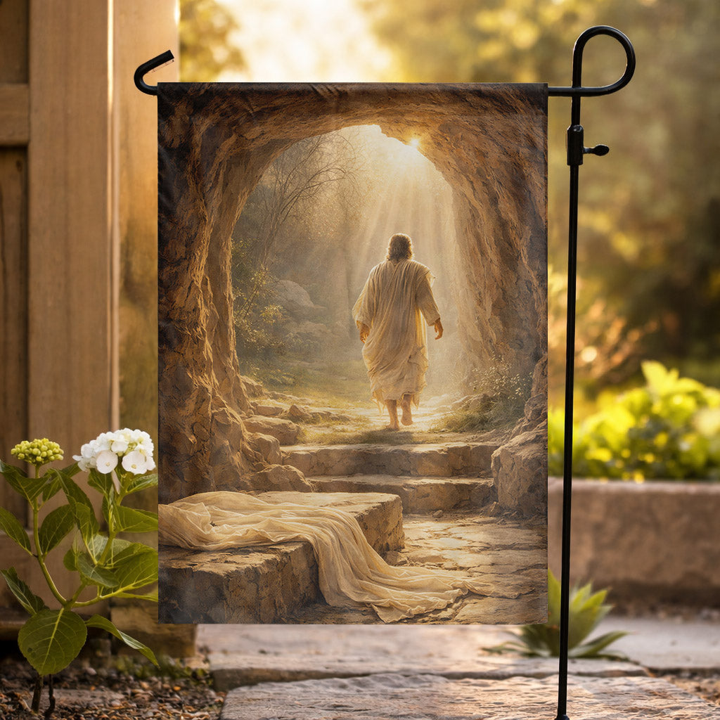 Resurrection Morning – Jesus Walks from the Tomb Easter Garden Flag