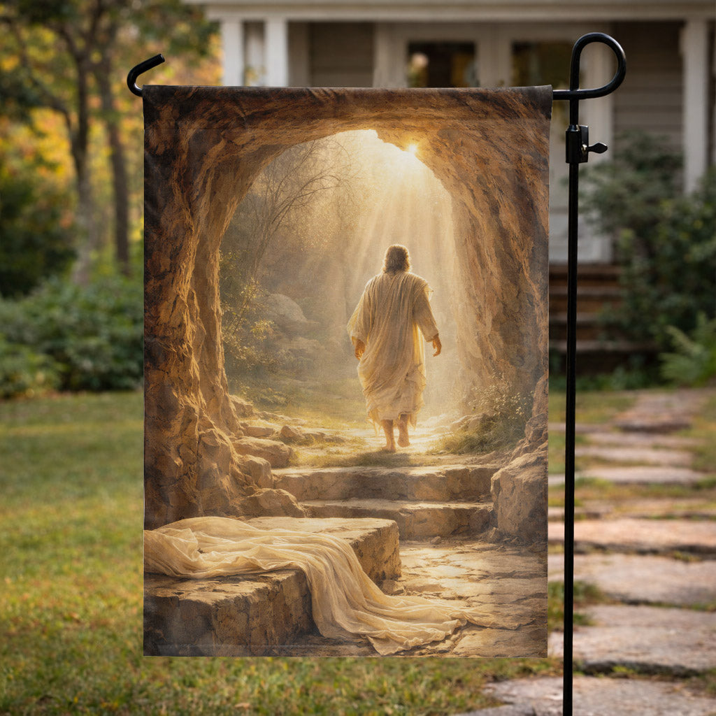 Resurrection Morning – Jesus Walks from the Tomb Easter Garden Flag