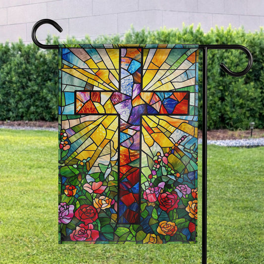 Christian Stained Glass Cross Garden Flag – Colorful Religious Decor for Yard, Garden, and Outdoor Spaces