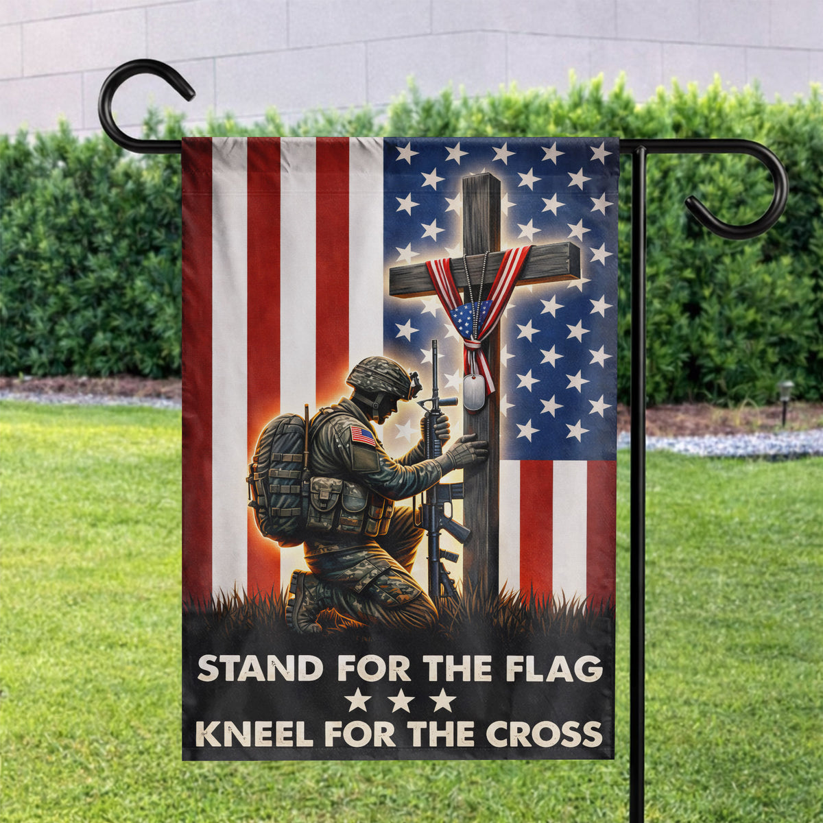 Patriotic Soldier Prayer Cross Garden Flag