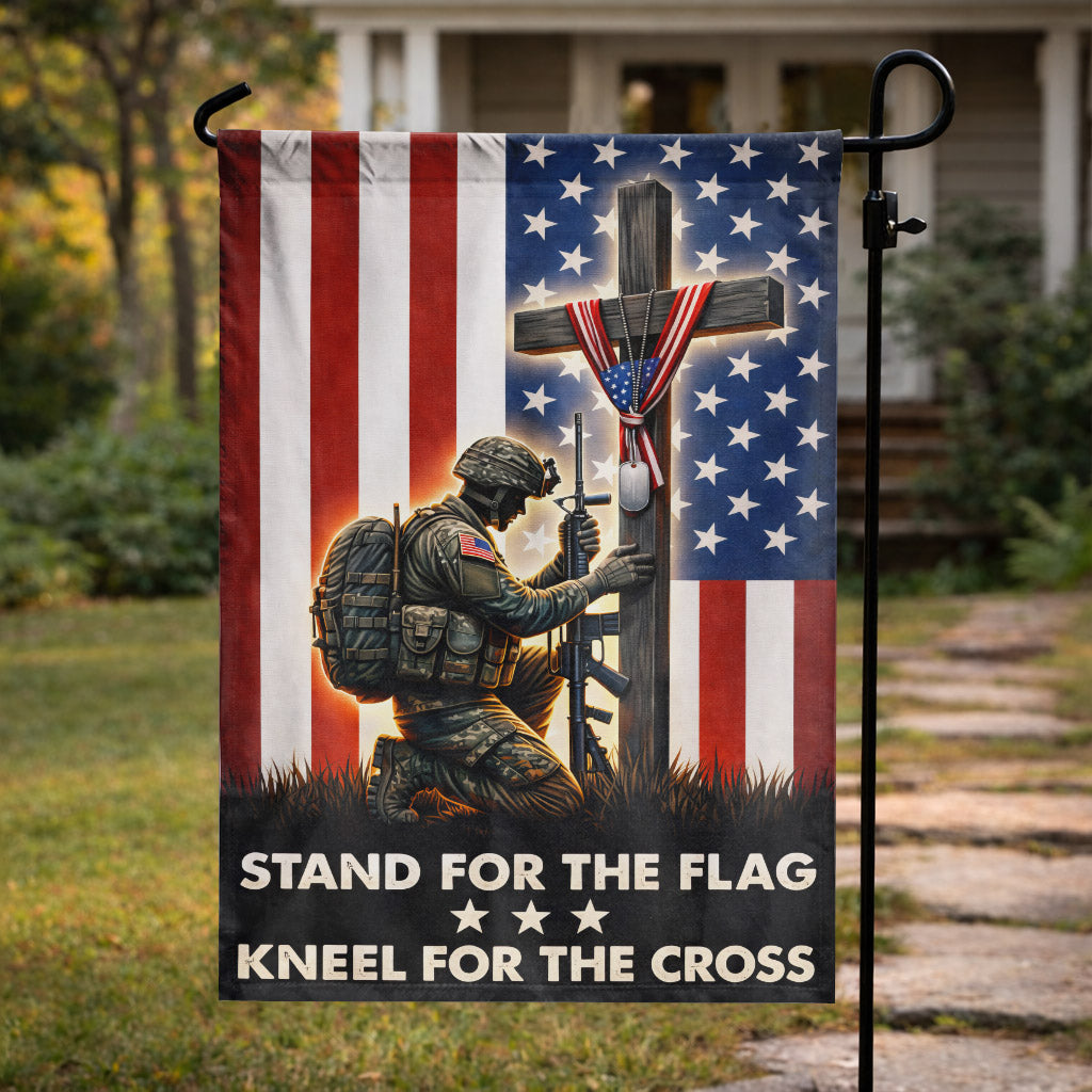 Patriotic Soldier Prayer Cross Garden Flag