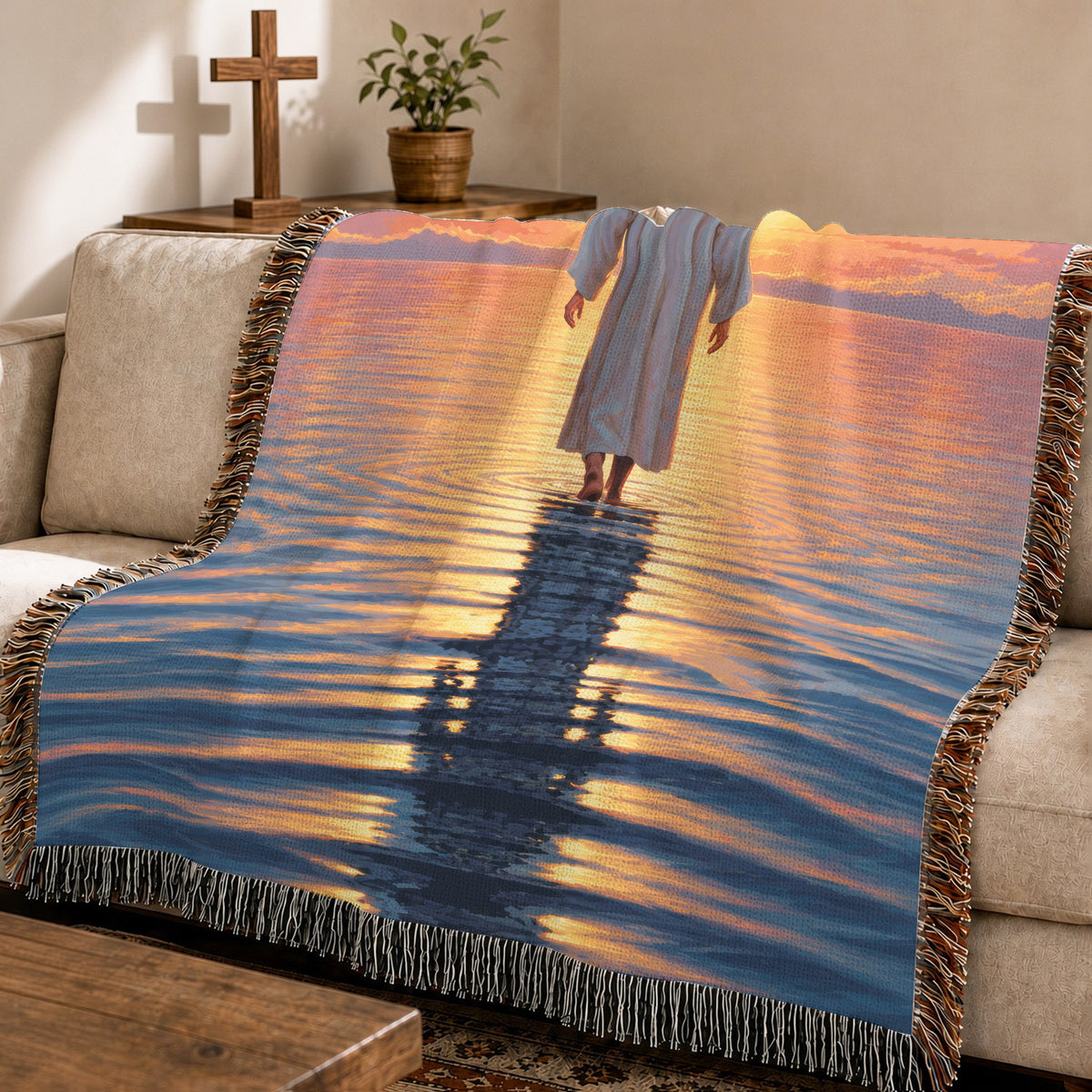 Jesus Walking On Water Woven Blanket – Christian Faith Home Decor Throw