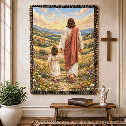 Walking With Jesus Woven Blanket – Jesus And Child Christian Faith Throw