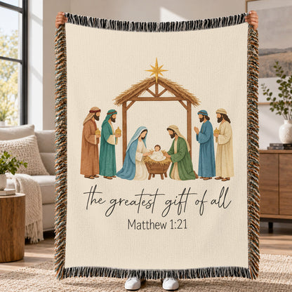 The Greatest Gift Nativity Woven Blanket – Matthew 1:21 Christian Christmas Throw