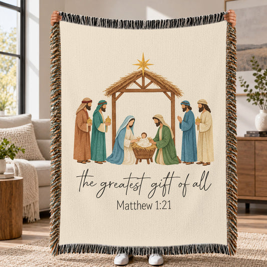 The Greatest Gift Nativity Woven Blanket – Matthew 1:21 Christian Christmas Throw