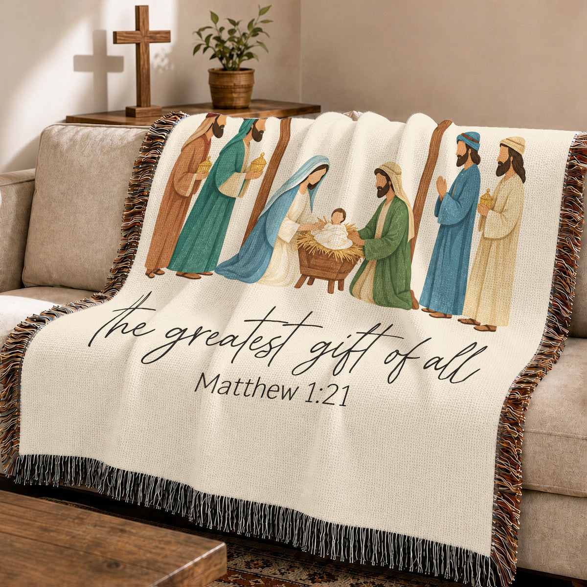 The Greatest Gift Nativity Woven Blanket – Matthew 1:21 Christian Christmas Throw