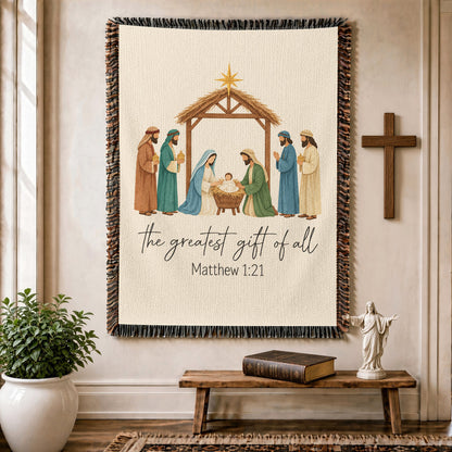 The Greatest Gift Nativity Woven Blanket – Matthew 1:21 Christian Christmas Throw