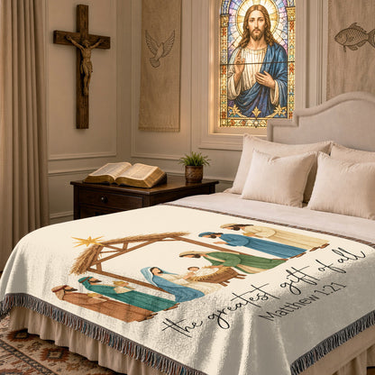The Greatest Gift Nativity Woven Blanket – Matthew 1:21 Christian Christmas Throw