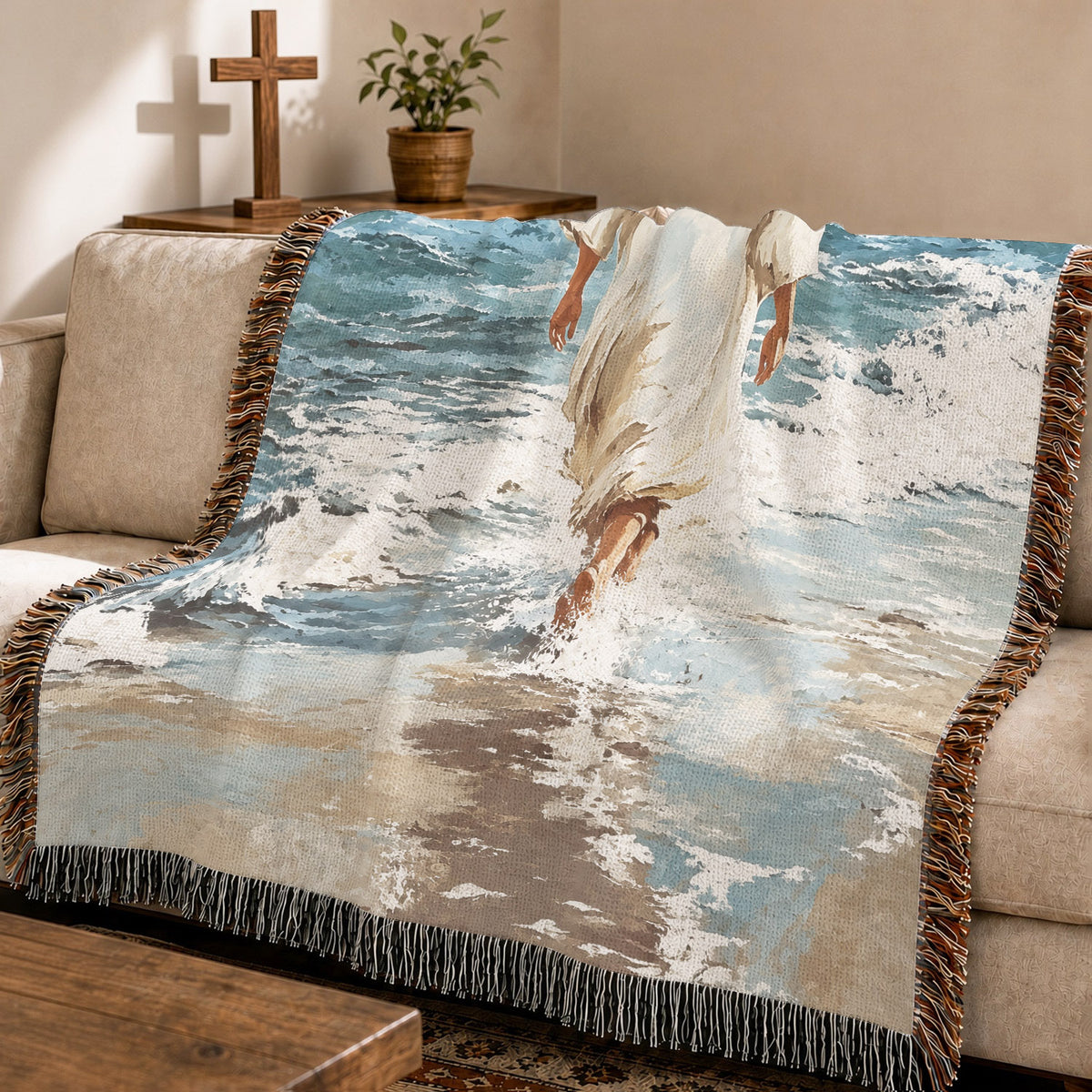 Jesus Walking On Water Woven Blanket – Christian Faith Home Decor Throw