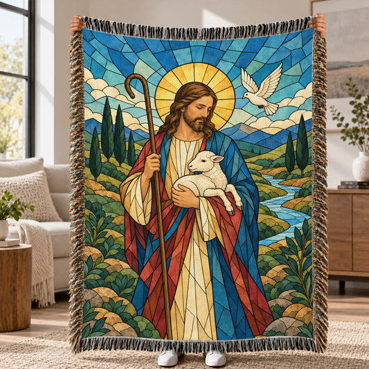 Good Shepherd Stained Glass Woven Blanket – Jesus With Lamb Christian Faith Throw